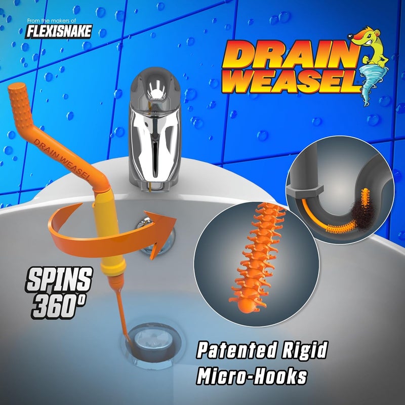 FlexiSnake Pro Drain Weasel Sink Snake Cleaner with New Molded Tip - 18″ - Drain Snake Clog Remover Tool with Rotating Handle & 5 Wand Refills - Easy to Use on Drains & Grates - Made in USA - 5-Pack - Image 1